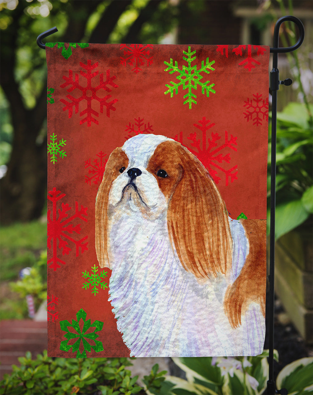 English Toy Spaniel Red and Green Snowflakes Holiday Christmas Garden Flag Mailbox Decorative Yard Banner Outside Patio Artwork for Flower Beds, Garden Size, Multicolor