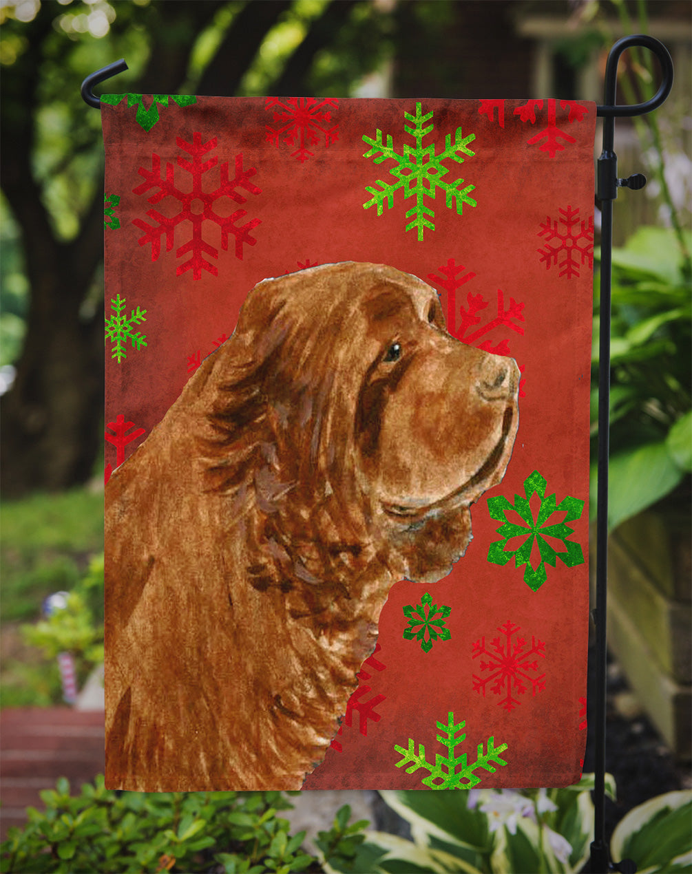 Sussex Spaniel Red Green Snowflake Holiday Christmas Garden Flag Mailbox Decorative Yard Banner Outside Patio Artwork for Flower Beds, Garden Size, Multicolor