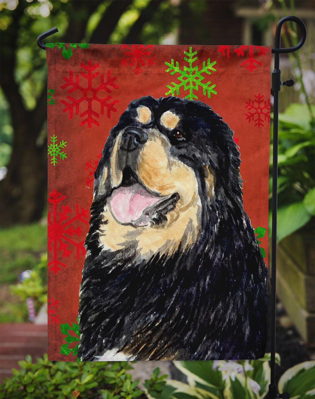 Tibetan Mastiff Red Green Snowflake Christmas Garden Flag Mailbox Decorative Yard Banner Outside Patio Artwork for Flower Beds, Garden Size, Multicolor