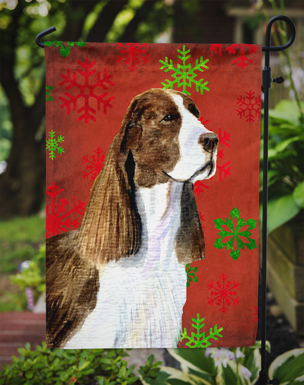 Springer Spaniel Red and Green Snowflakes Holiday Christmas Garden Flag Mailbox Decorative Yard Banner Outside Patio Artwork for Flower Beds, Garden Size, Multicolor