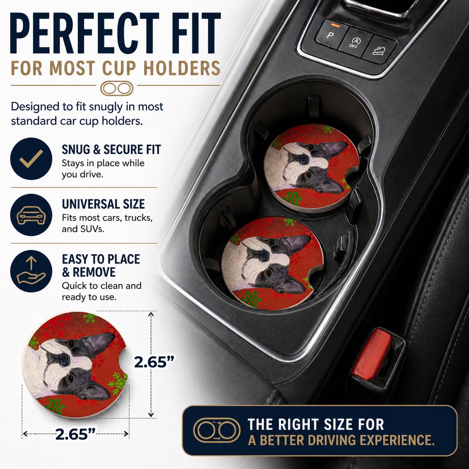 Boston Terrier Red Green Snowflakes Christmas Set of 2 Cup Holder Car Coasters Absorbent Round Sandstone Coasters Gifts for Men or Women, 2.5, Multicolor
