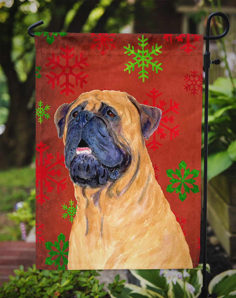 Mastiff Red and Green Snowflakes Holiday Christmas Garden Flag Mailbox Decorative Yard Banner Outside Patio Artwork for Flower Beds, Garden Size, Multicolor