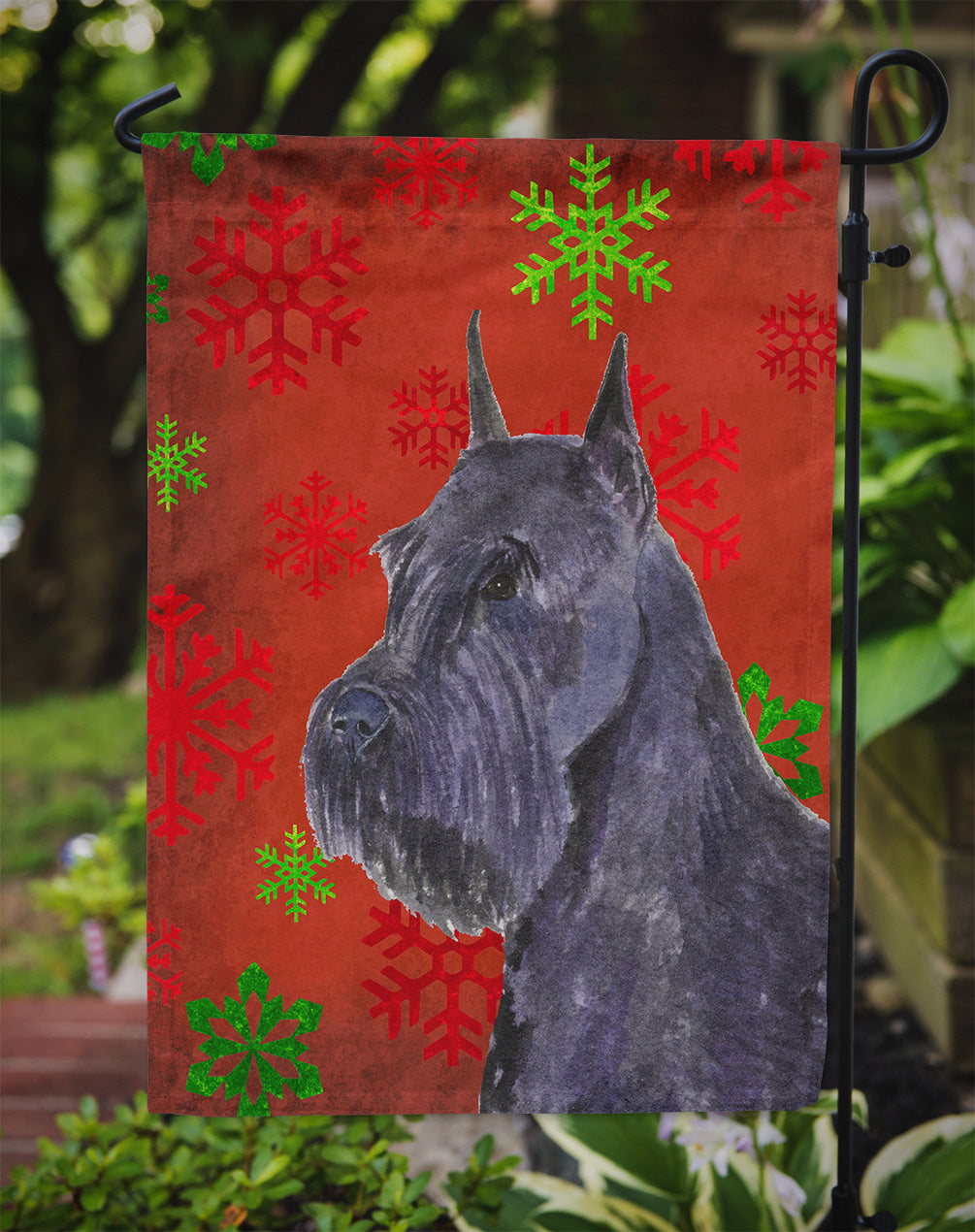 Schnauzer Red and Green Snowflakes Holiday Christmas Garden Flag Mailbox Decorative Yard Banner Outside Patio Artwork for Flower Beds, Garden Size, Multicolor