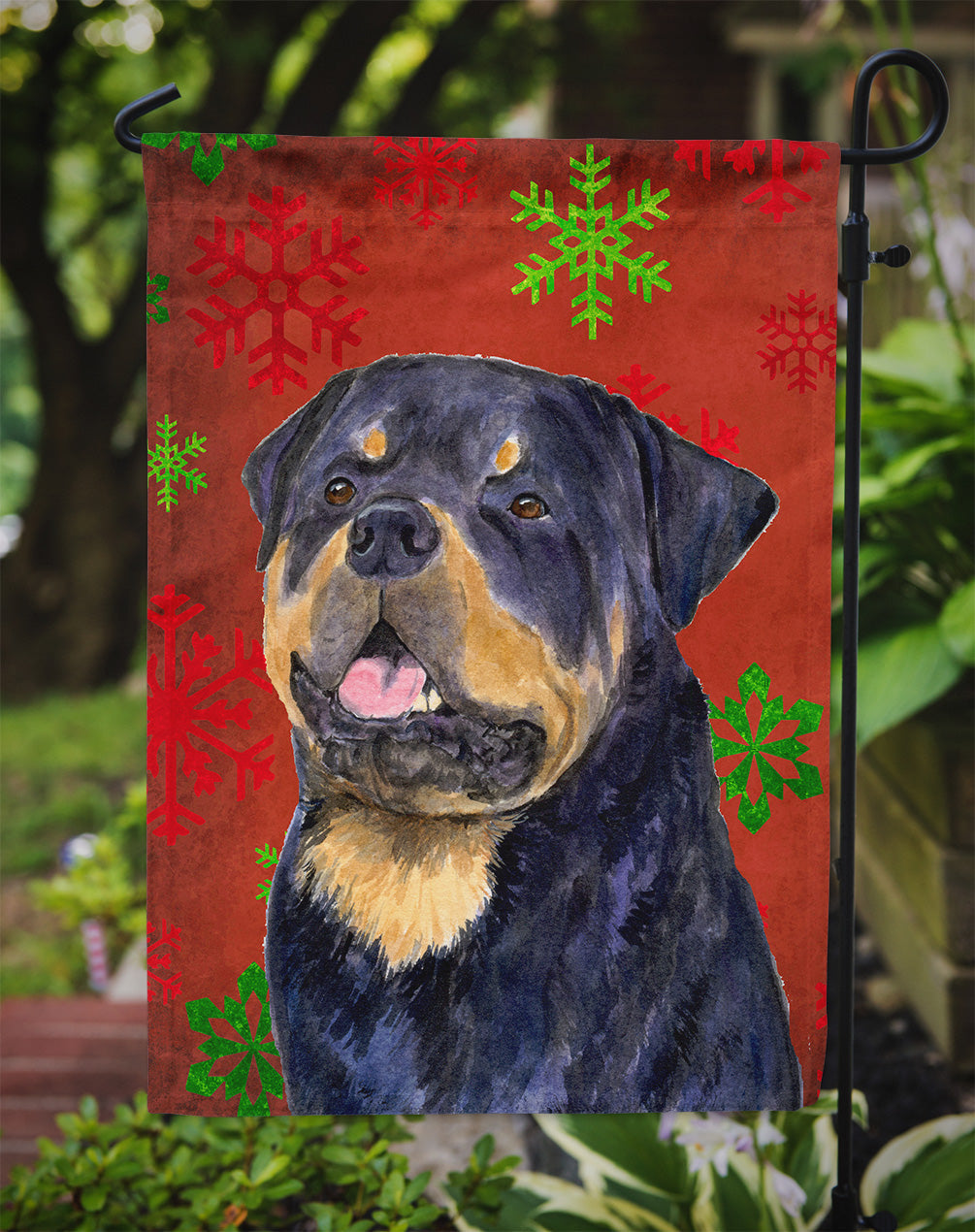 Rottweiler Red and Green Snowflakes Holiday Christmas Garden Flag Mailbox Decorative Yard Banner Outside Patio Artwork for Flower Beds, Garden Size, Multicolor