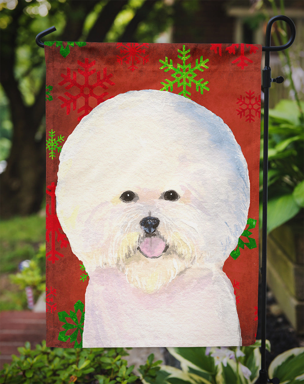 Bichon Frise Red and Green Snowflakes Holiday Christmas Garden Flag Mailbox Decorative Yard Banner Outside Patio Artwork for Flower Beds, Garden Size, Multicolor
