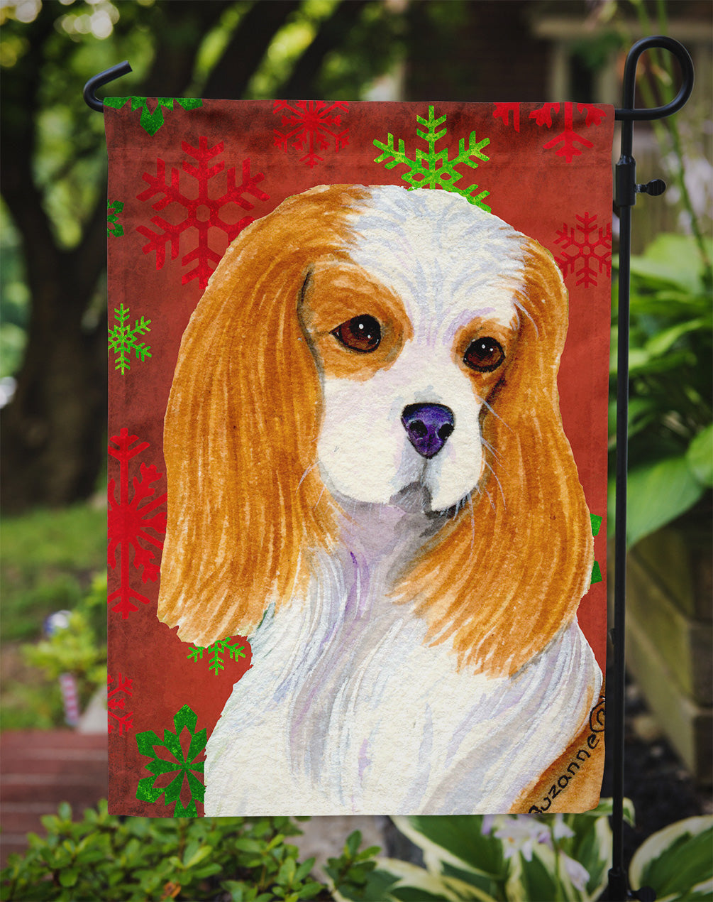 Cavalier Spaniel Red and Green Snowflakes Holiday Christmas Garden Flag Mailbox Decorative Yard Banner Outside Patio Artwork for Flower Beds, Garden Size, Multicolor
