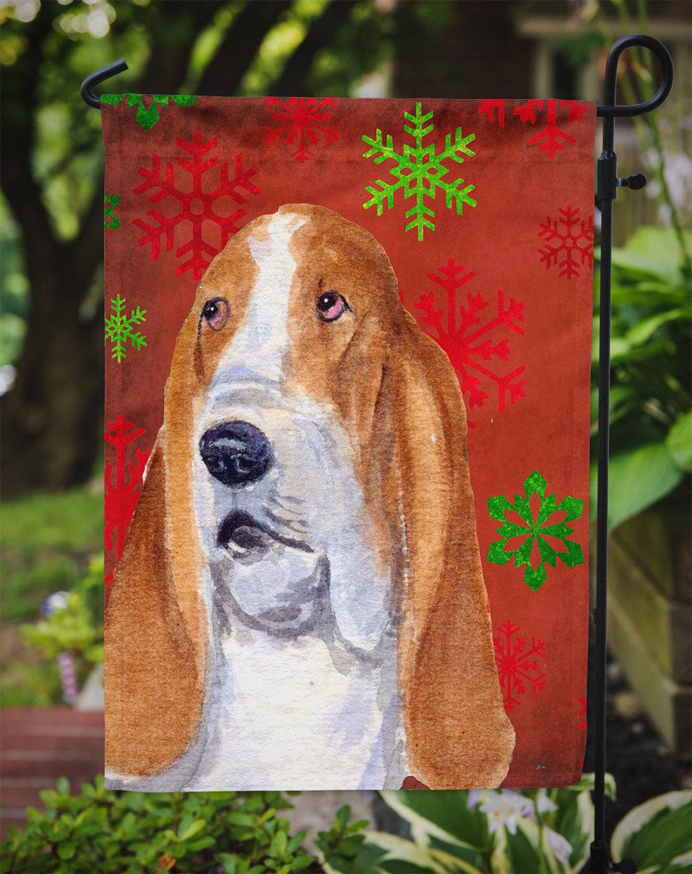 Basset Hound Red and Green Snowflakes Holiday Christmas Garden Flag Mailbox Decorative Yard Banner Outside Patio Artwork for Flower Beds, Garden Size, Multicolor