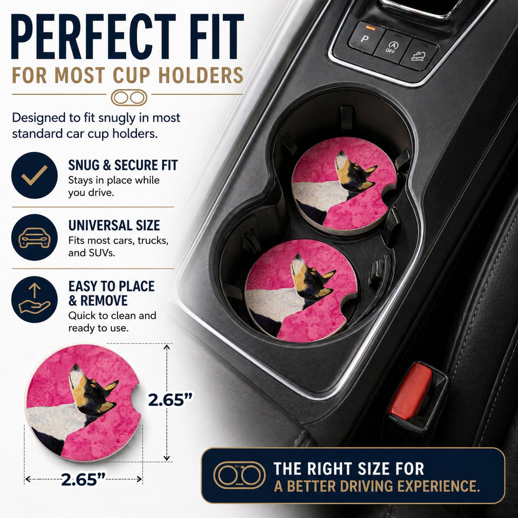 Pink Basenji Set of 2 Cup Holder Car Coasters Absorbent Round Sandstone Coasters Gifts for Men or Women, 2.5, Multicolor