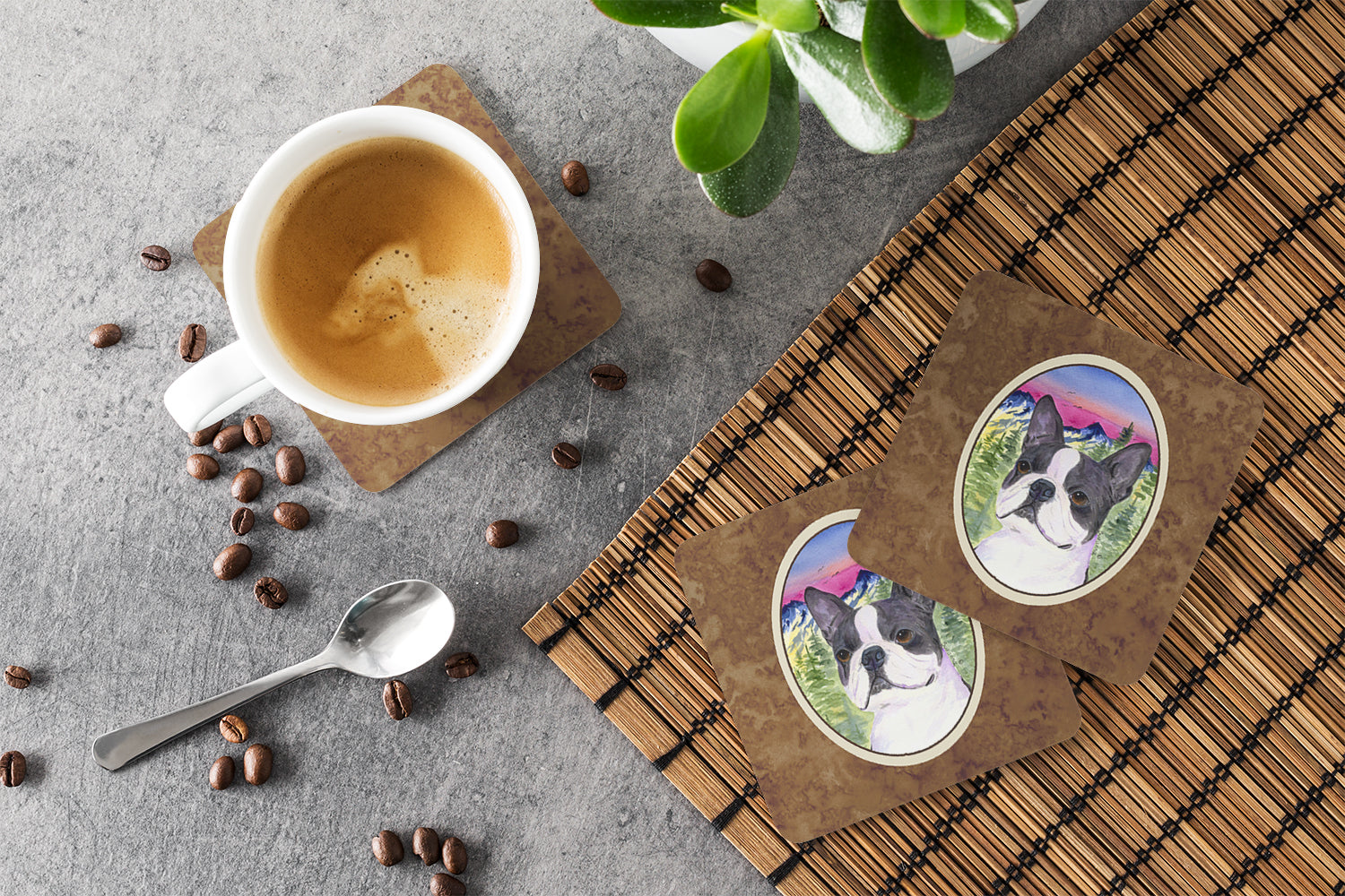Boston Terrier Foam Coasters Set of 4 Cup Coasters for Indoor Outdoor, Tabletop Protection, Anti Slip, Mouse pad Material