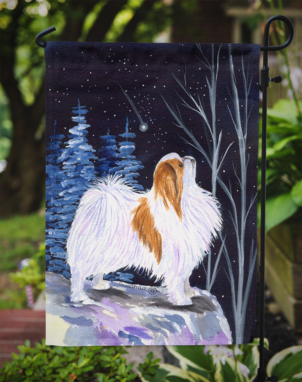 Starry Night Japanese Chin Garden Flag Mailbox Decorative Yard Banner Outside Patio Artwork for Flower Beds, Garden Size, Multicolor