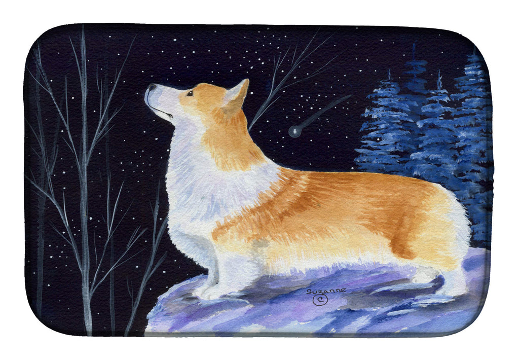 Starry Night Corgi Dish Drying Mat Absorbent Dish Drying Mat Pad for Kitchen Counter Dish Drainer Mat for Countertop, 14 x 21", Multicolor