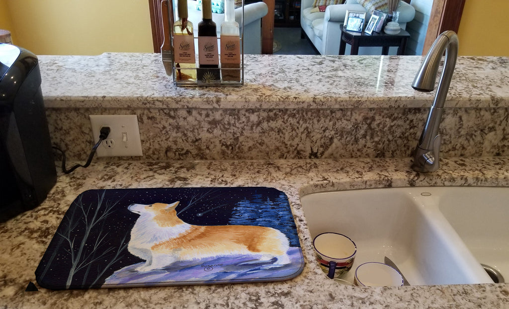 Starry Night Corgi Dish Drying Mat Absorbent Dish Drying Mat Pad for Kitchen Counter Dish Drainer Mat for Countertop, 14 x 21", Multicolor