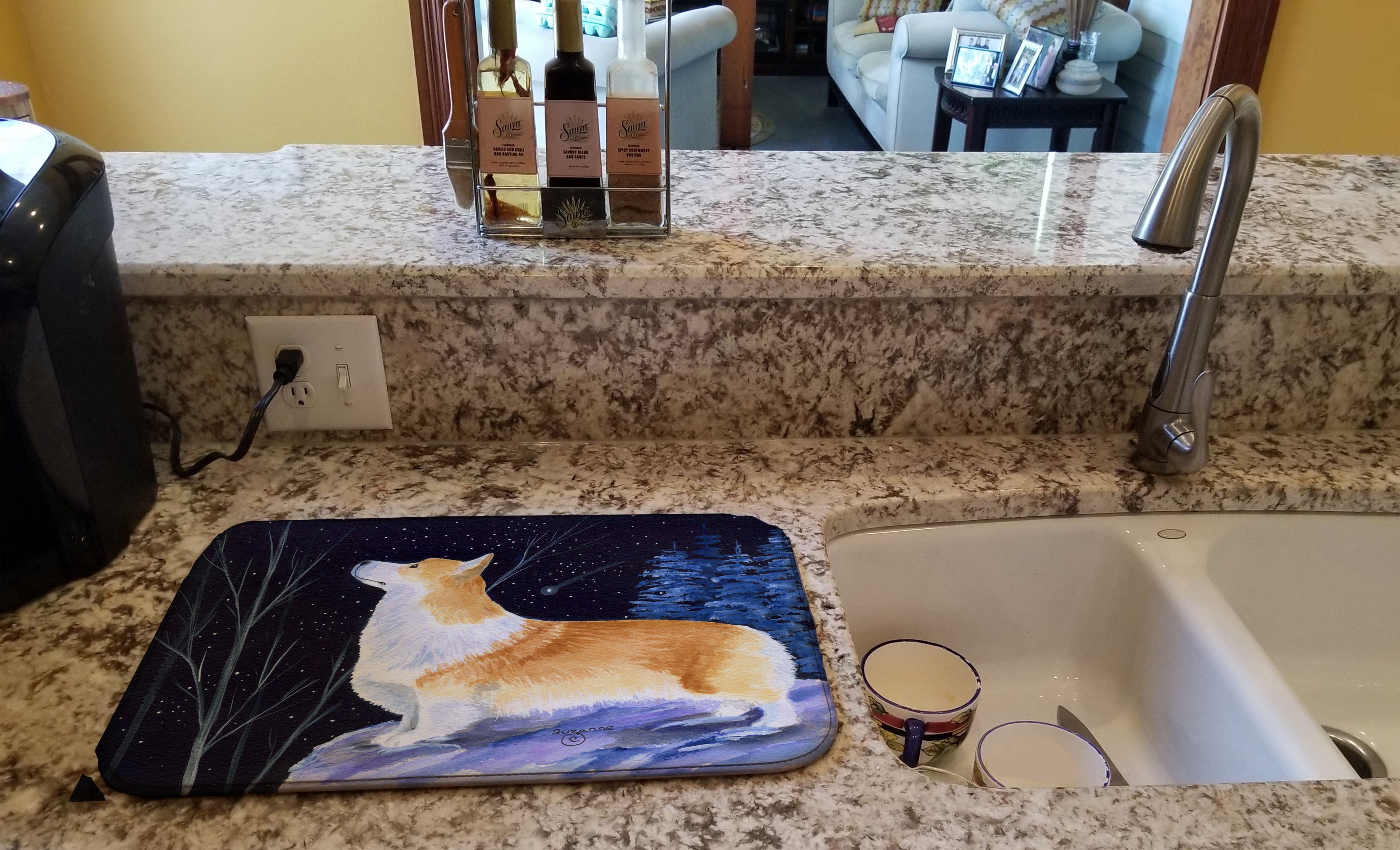 Starry Night Corgi Dish Drying Mat Absorbent Dish Drying Mat Pad for Kitchen Counter Dish Drainer Mat for Countertop, 14 x 21", Multicolor
