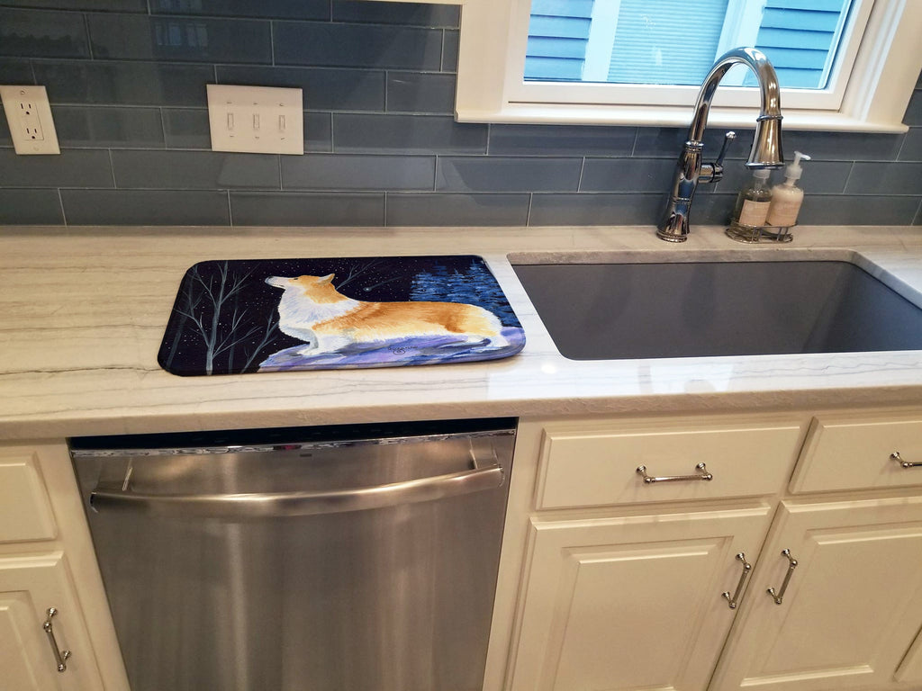 Starry Night Corgi Dish Drying Mat Absorbent Dish Drying Mat Pad for Kitchen Counter Dish Drainer Mat for Countertop, 14 x 21", Multicolor