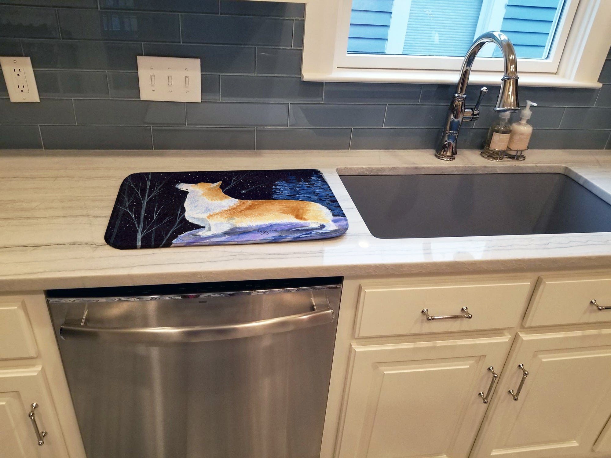 Starry Night Corgi Dish Drying Mat Absorbent Dish Drying Mat Pad for Kitchen Counter Dish Drainer Mat for Countertop, 14 x 21", Multicolor