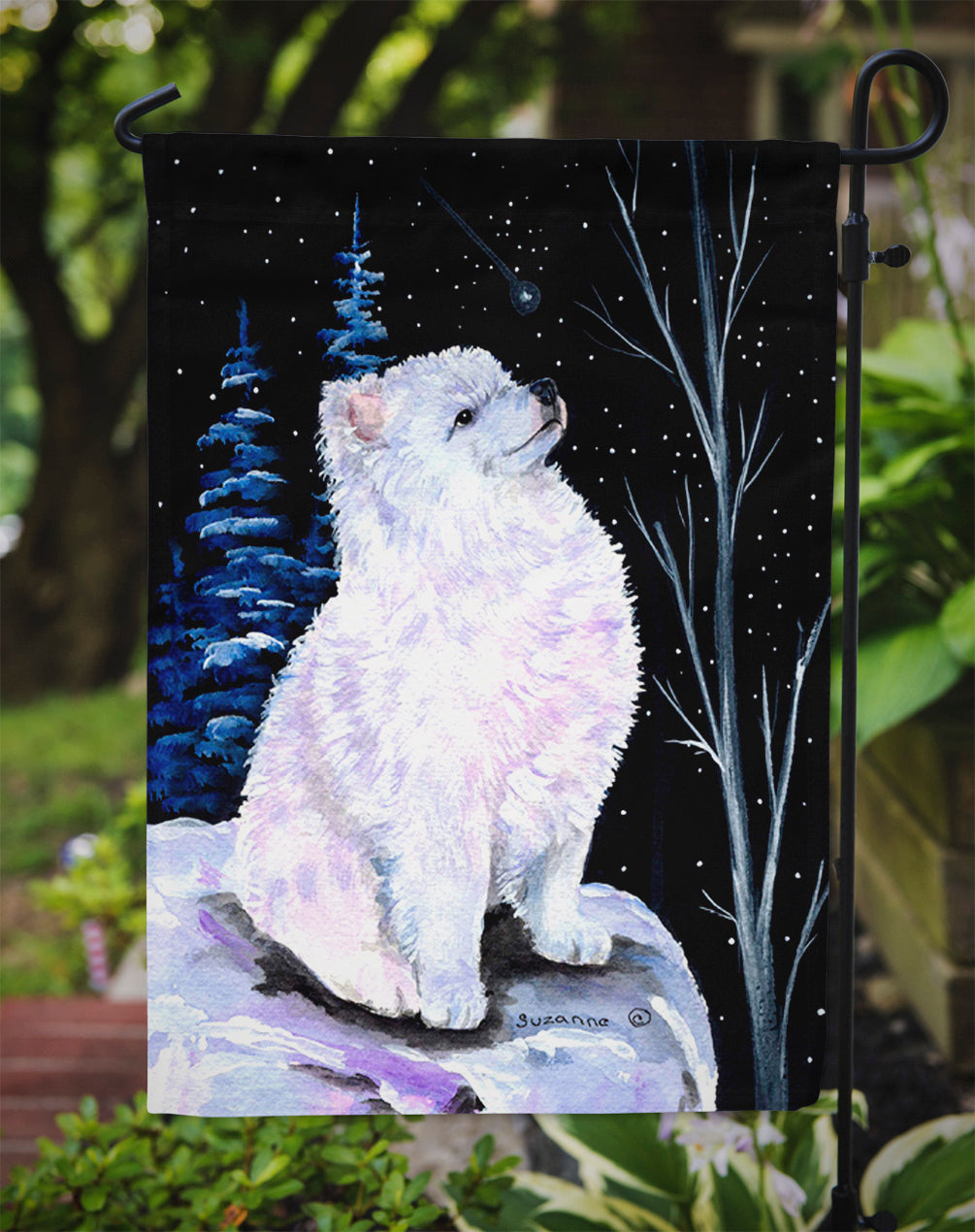 Starry Night American Eskimo Garden Flag Mailbox Decorative Yard Banner Outside Patio Artwork for Flower Beds, Garden Size, Multicolor
