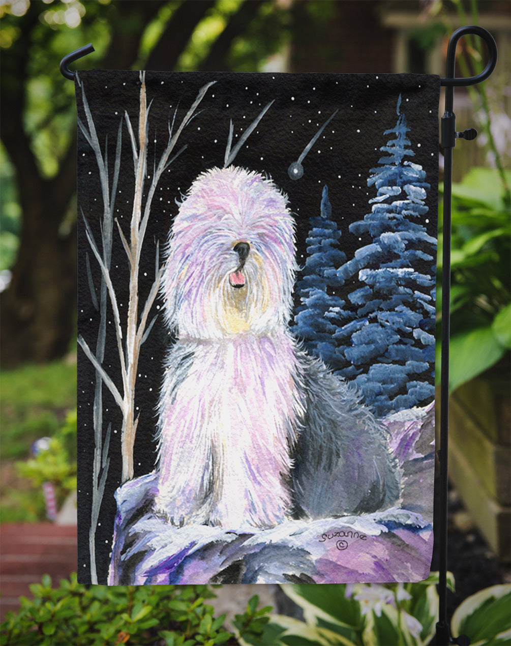 Starry Night Old English Sheepdog Garden Flag Mailbox Decorative Yard Banner Outside Patio Artwork for Flower Beds, Garden Size, Multicolor