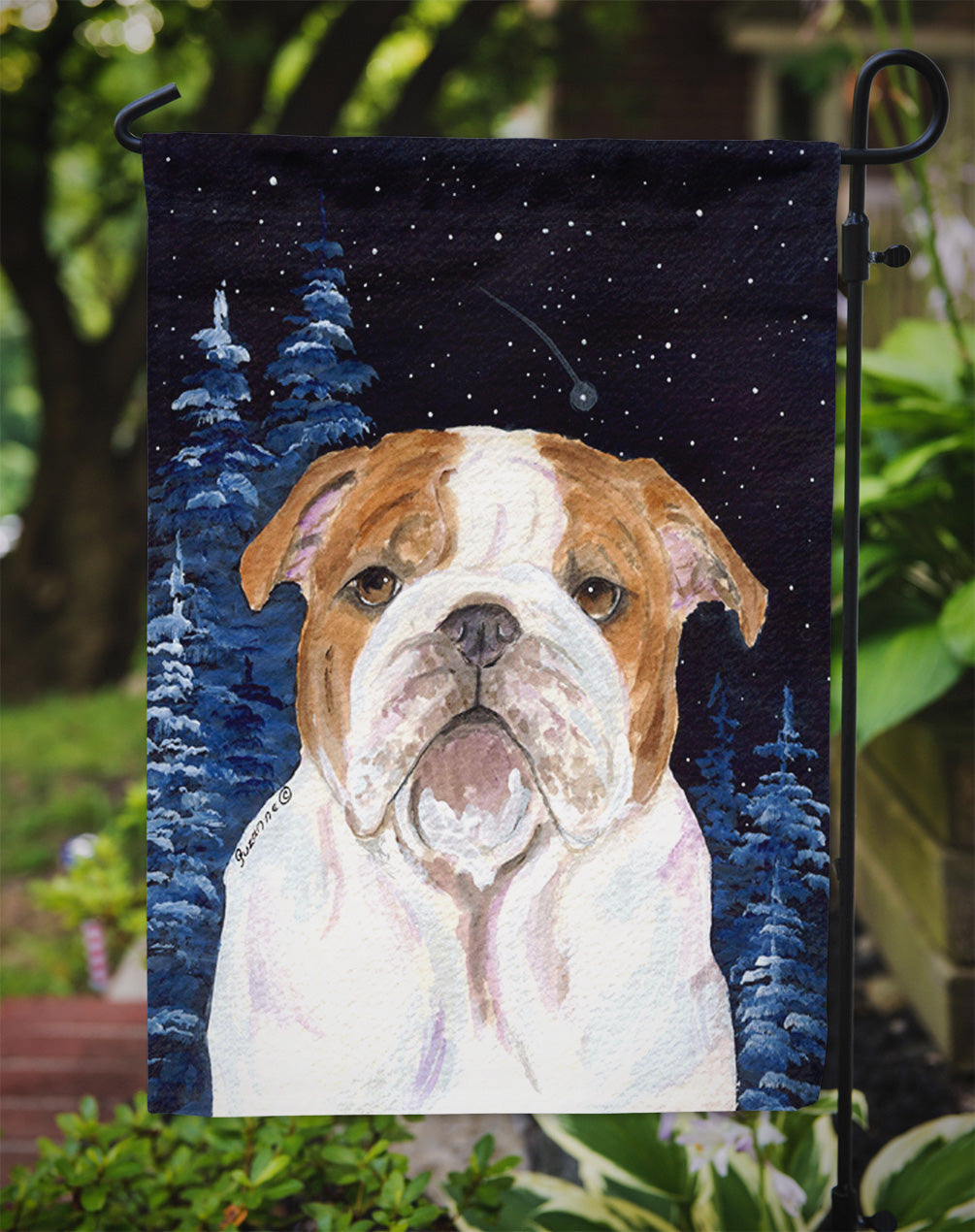 Starry Night English Bulldog Garden Flag Mailbox Decorative Yard Banner Outside Patio Artwork for Flower Beds, Garden Size, Multicolor