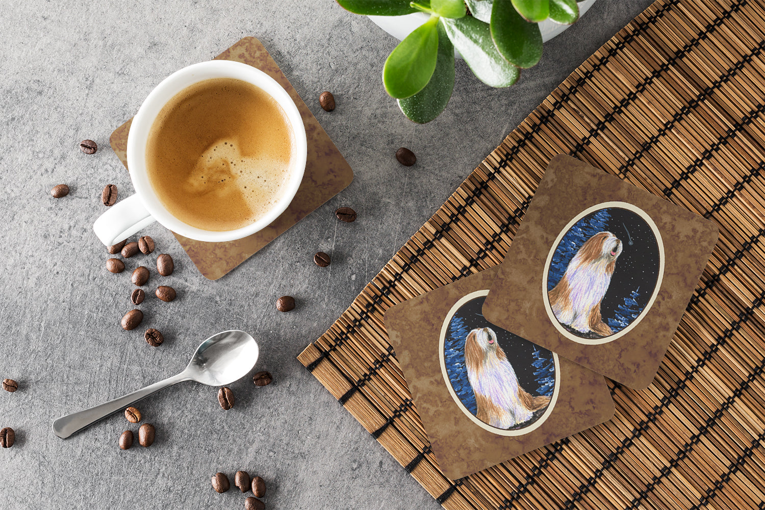Starry Night Bearded Collie Foam Coasters Set of 4 Cup Coasters for Indoor Outdoor, Tabletop Protection, Anti Slip, Mouse pad Material