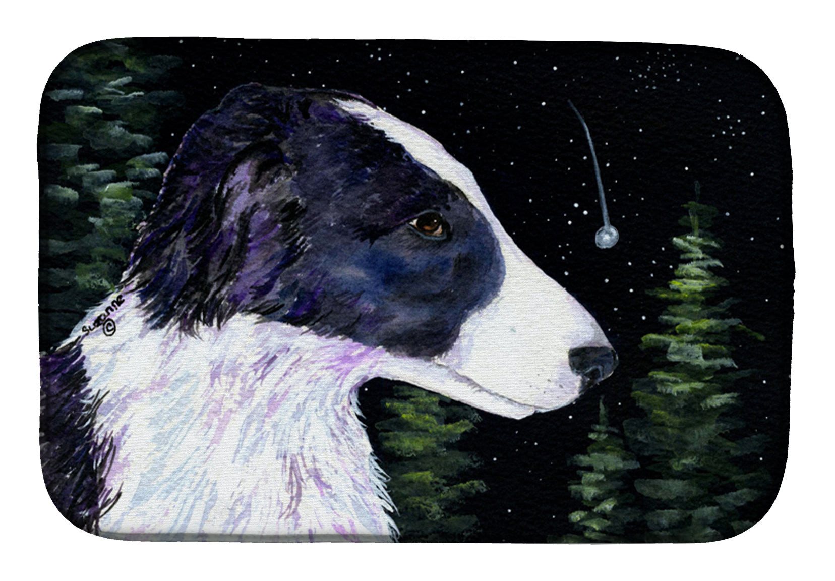 Starry Night Border Collie Dish Drying Mat Absorbent Dish Drying Mat Pad for Kitchen Counter Dish Drainer Mat for Countertop, 14 x 21", Multicolor