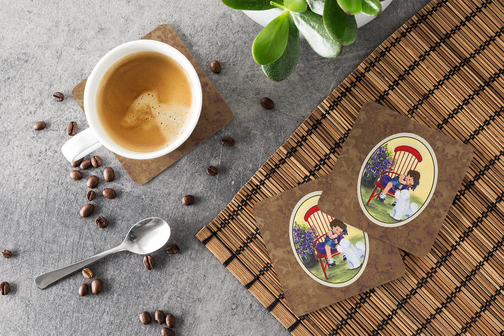Little Girl with her Bichon Frise Foam Coasters Set of 4 Cup Coasters for Indoor Outdoor, Tabletop Protection, Anti Slip, Mouse pad Material