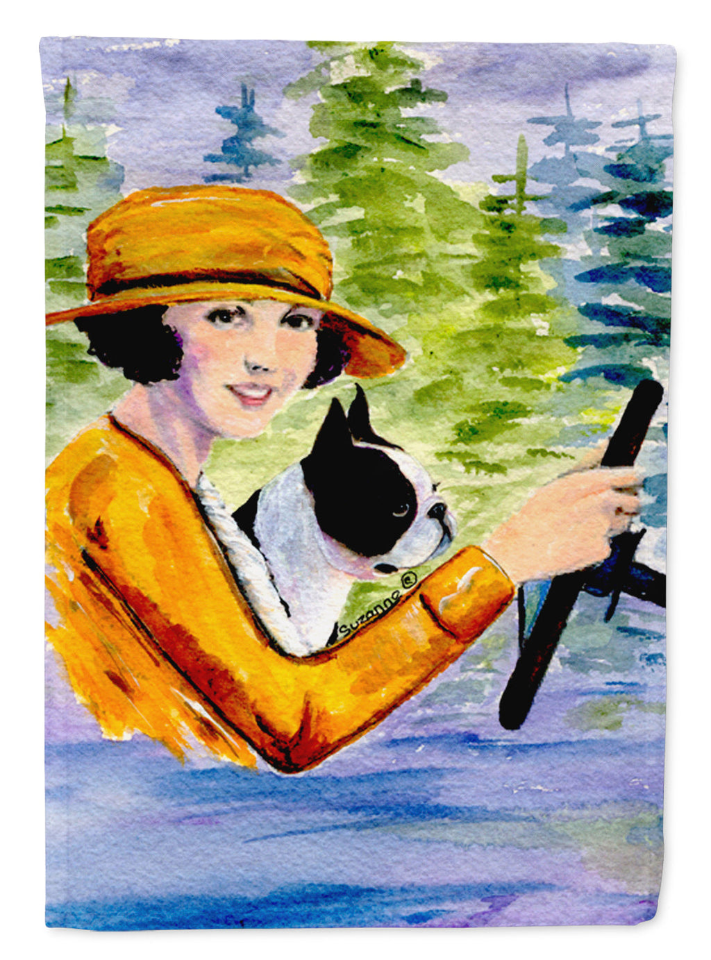 Woman driving with her Boston Terrier Garden Flag Mailbox Decorative Yard Banner Outside Patio Artwork for Flower Beds, Garden Size, Multicolor
