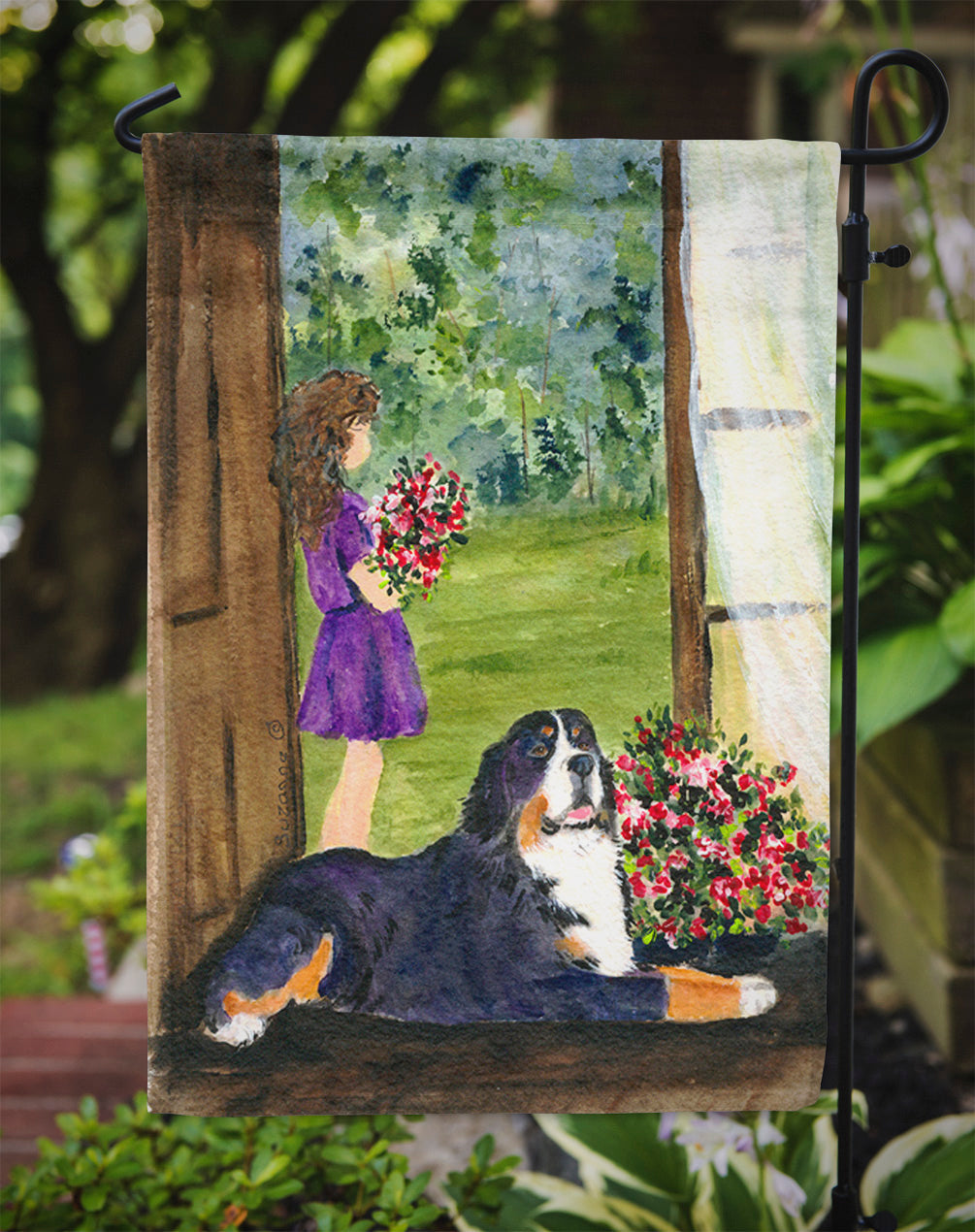 Little Girl with her Bernese Mountain Dog Garden Flag Mailbox Decorative Yard Banner Outside Patio Artwork for Flower Beds, Garden Size, Multicolor
