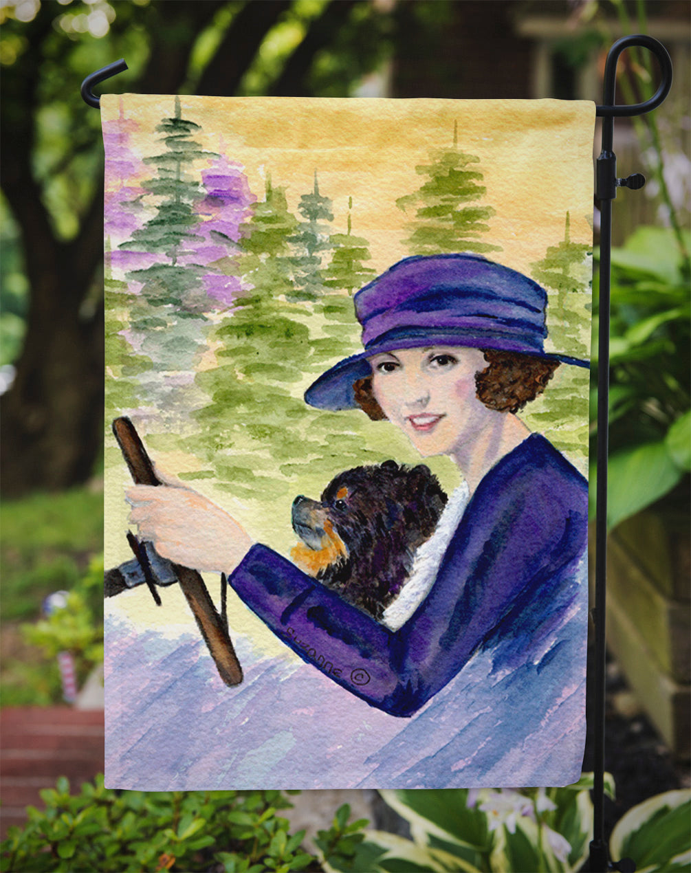 Lady driving with her Pomeranian Garden Flag Mailbox Decorative Yard Banner Outside Patio Artwork for Flower Beds, Garden Size, Multicolor
