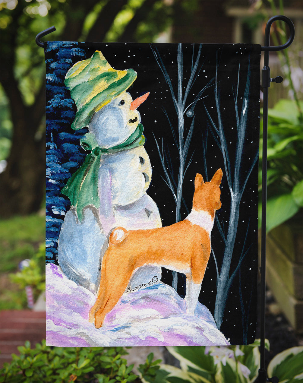 Snowman with Basenji Garden Flag Mailbox Decorative Yard Banner Outside Patio Artwork for Flower Beds, Garden Size, Multicolor