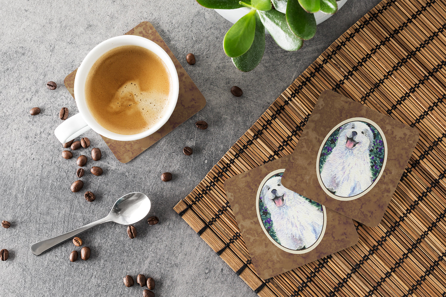 Great Pyrenees Foam Coasters Set of 4 Cup Coasters for Indoor Outdoor, Tabletop Protection, Anti Slip, Mouse pad Material