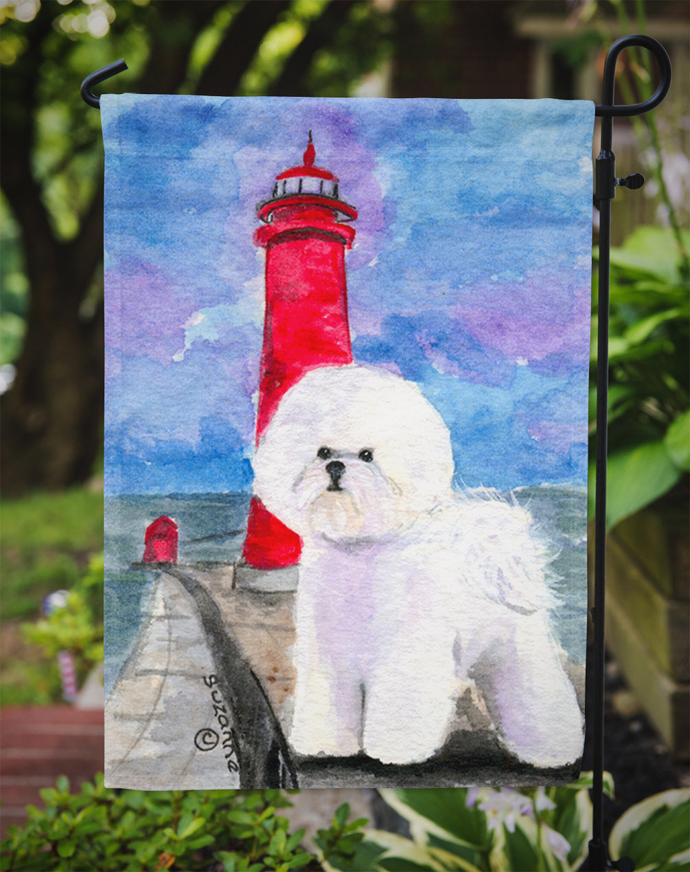 Lighthouse with Bichon Frise Garden Flag Mailbox Decorative Yard Banner Outside Patio Artwork for Flower Beds, Garden Size, Multicolor