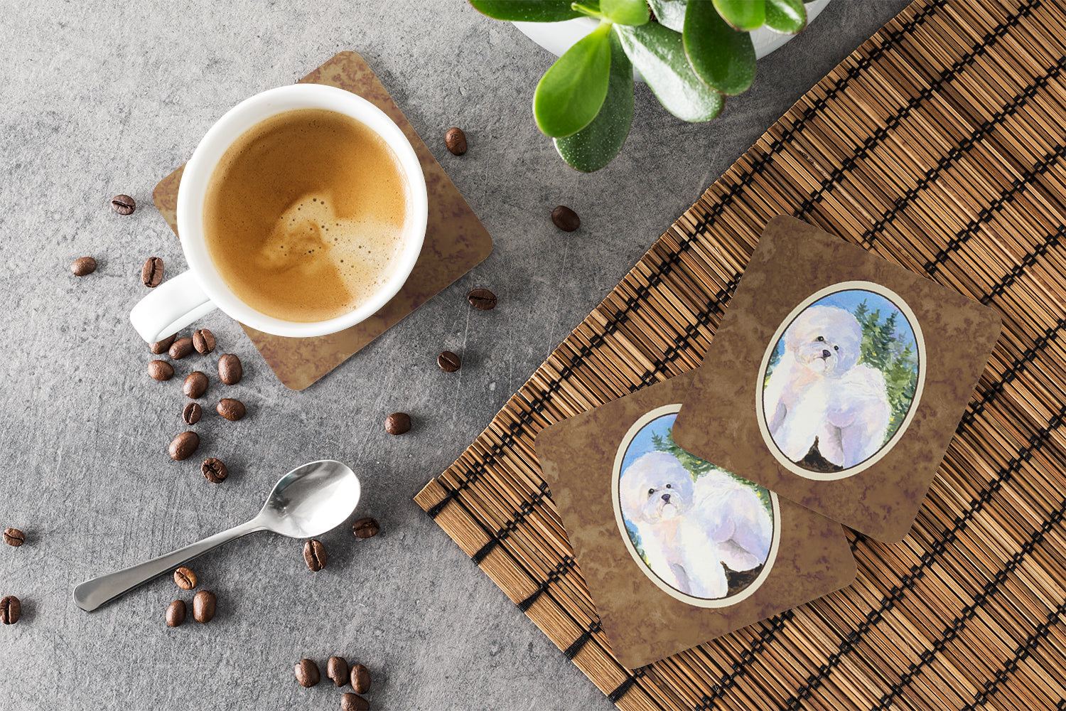 Bichon Frise Foam Coasters Set of 4 Cup Coasters for Indoor Outdoor, Tabletop Protection, Anti Slip, Mouse pad Material