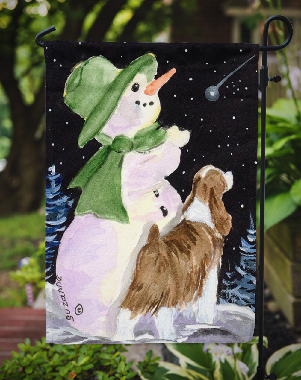 Snowman with English Springer Spaniel Garden Flag Mailbox Decorative Yard Banner Outside Patio Artwork for Flower Beds, Garden Size, Multicolor