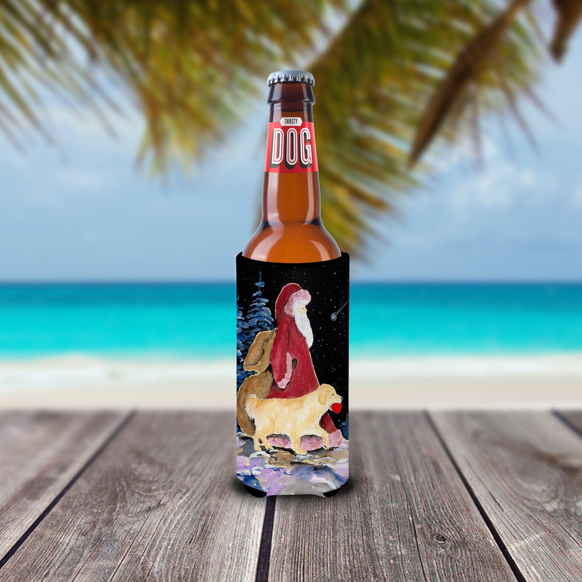 Santa Claus with Golden Retriever Slim Can Hugger , Insulated Foam Hugger for 12 oz Slim Cans, Beer Bottles & Water Bottles, Printed in USA