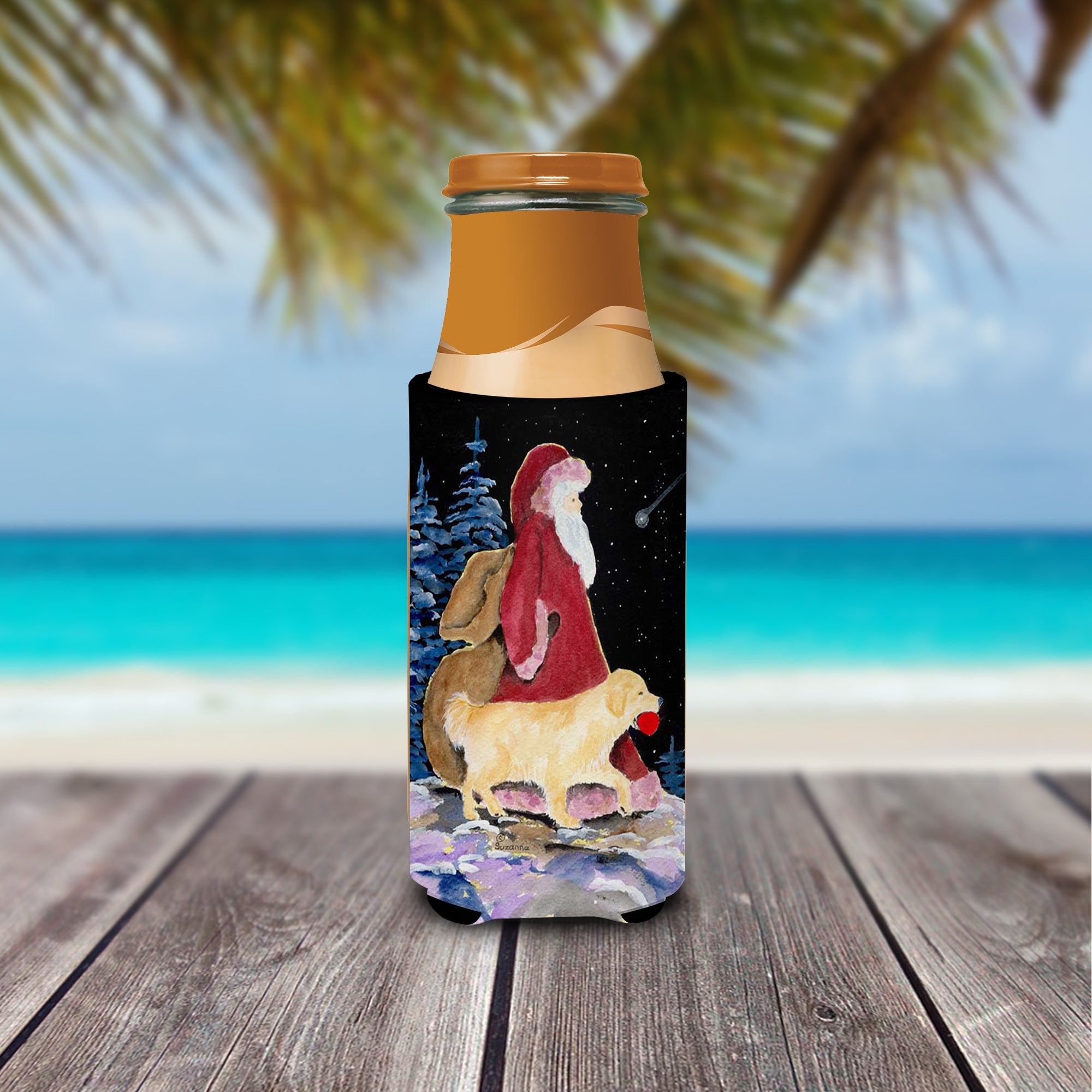 Santa Claus with Golden Retriever Slim Can Hugger , Insulated Foam Hugger for 12 oz Slim Cans, Beer Bottles & Water Bottles, Printed in USA