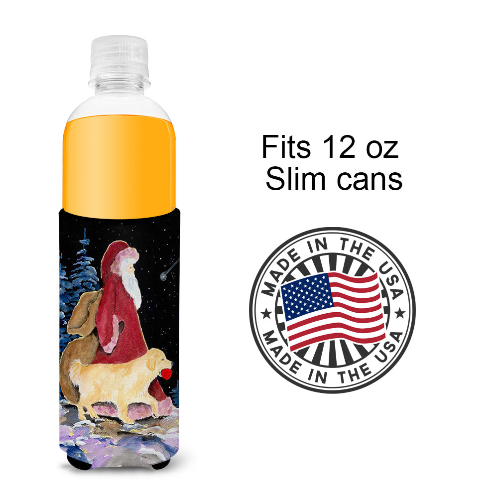 Santa Claus with Golden Retriever Slim Can Hugger , Insulated Foam Hugger for 12 oz Slim Cans, Beer Bottles & Water Bottles, Printed in USA