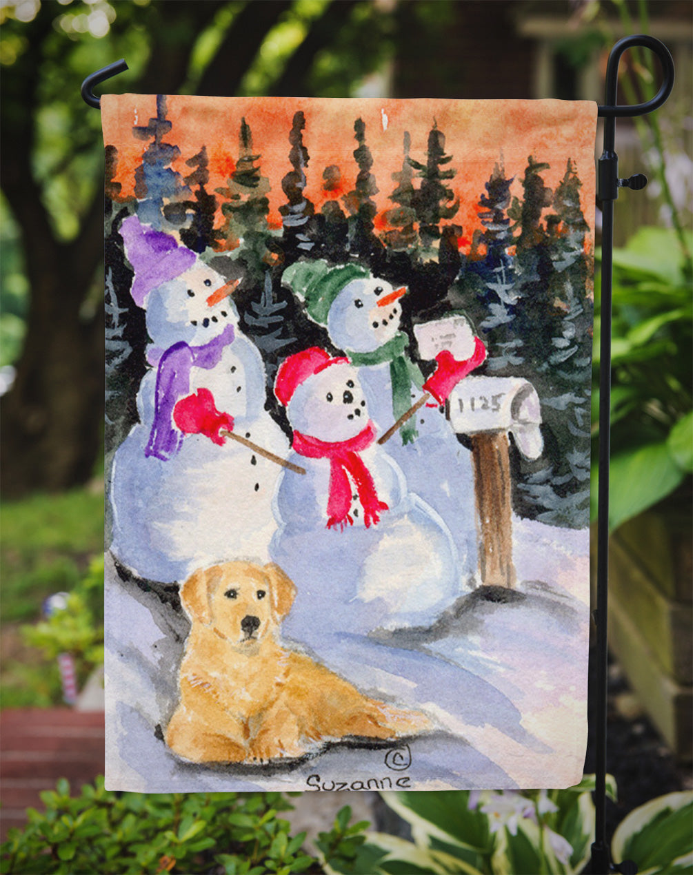 Snowman with Golden Retriever Garden Flag Mailbox Decorative Yard Banner Outside Patio Artwork for Flower Beds, Garden Size, Multicolor