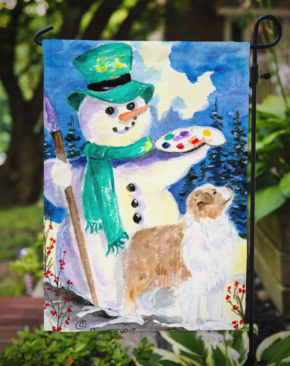 Snowman with Australian Shepherd Garden Flag Mailbox Decorative Yard Banner Outside Patio Artwork for Flower Beds, Garden Size, Multicolor