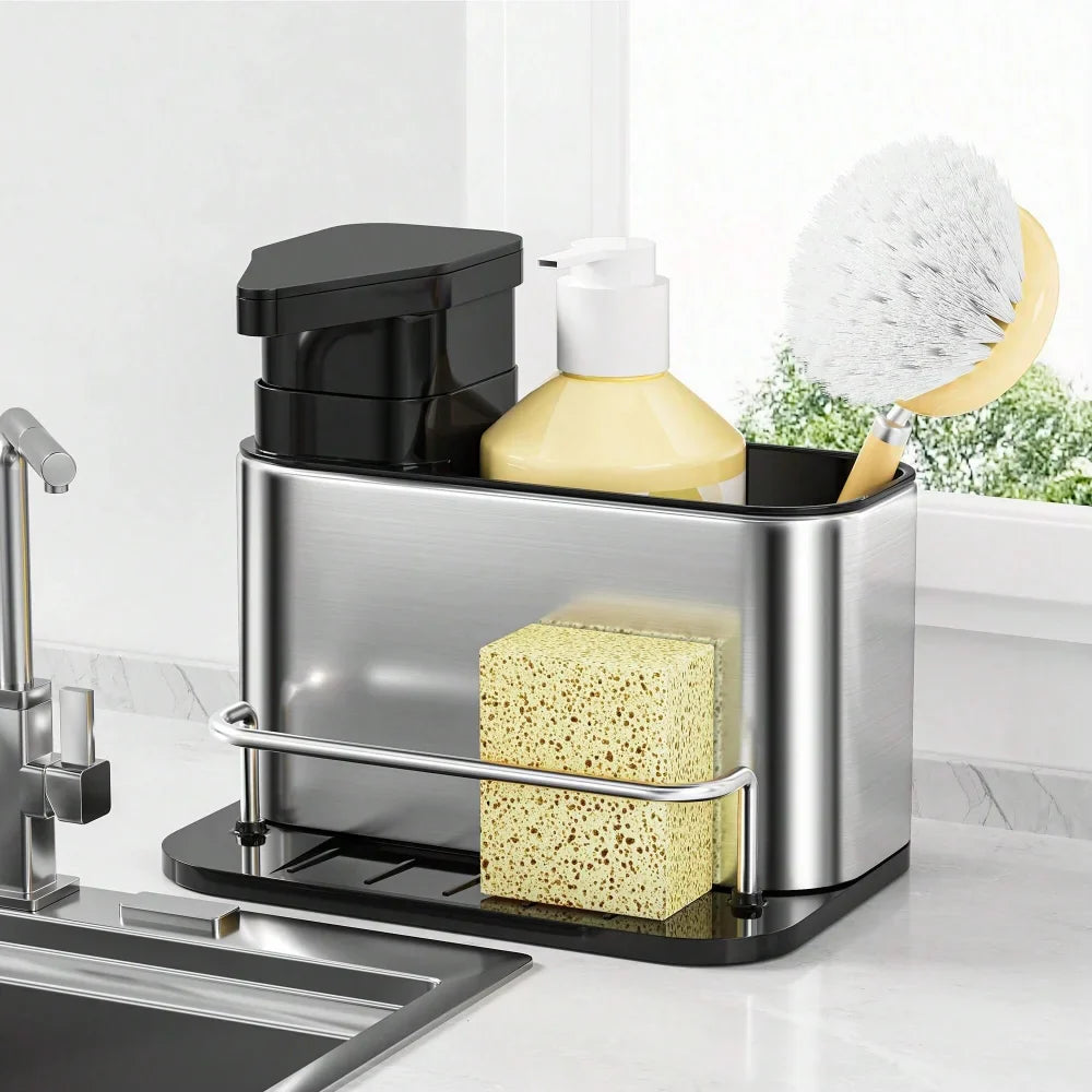 3-in-1 Kitchen Stainless Steel Tableware Soap Dispenser, Sponge Holder, Sink Organizer Drain Rack, Suitable for Kitchen Sinks