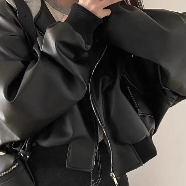 Korean High-end Black PU Leather Jacket Women Fashion Hooded Loose Spring Autumn Zipper Fake Two-Piece Versatile Outerwear