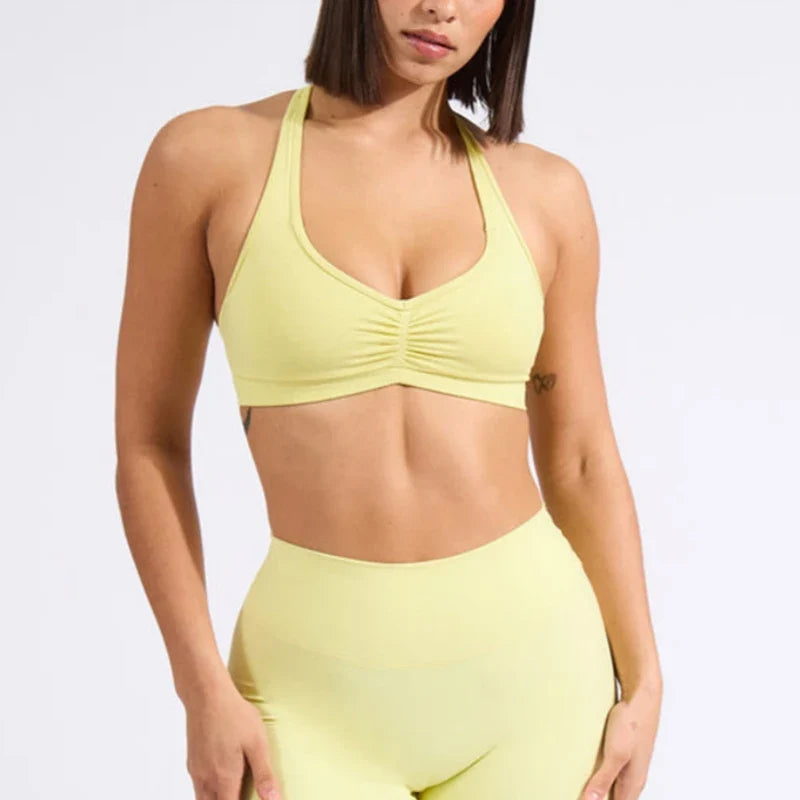 Sports Bra Strappy Backless Yoga Gym Bra Removable Cups Women Workout Clothing Gym Top Halter Sport Bras 6 colors