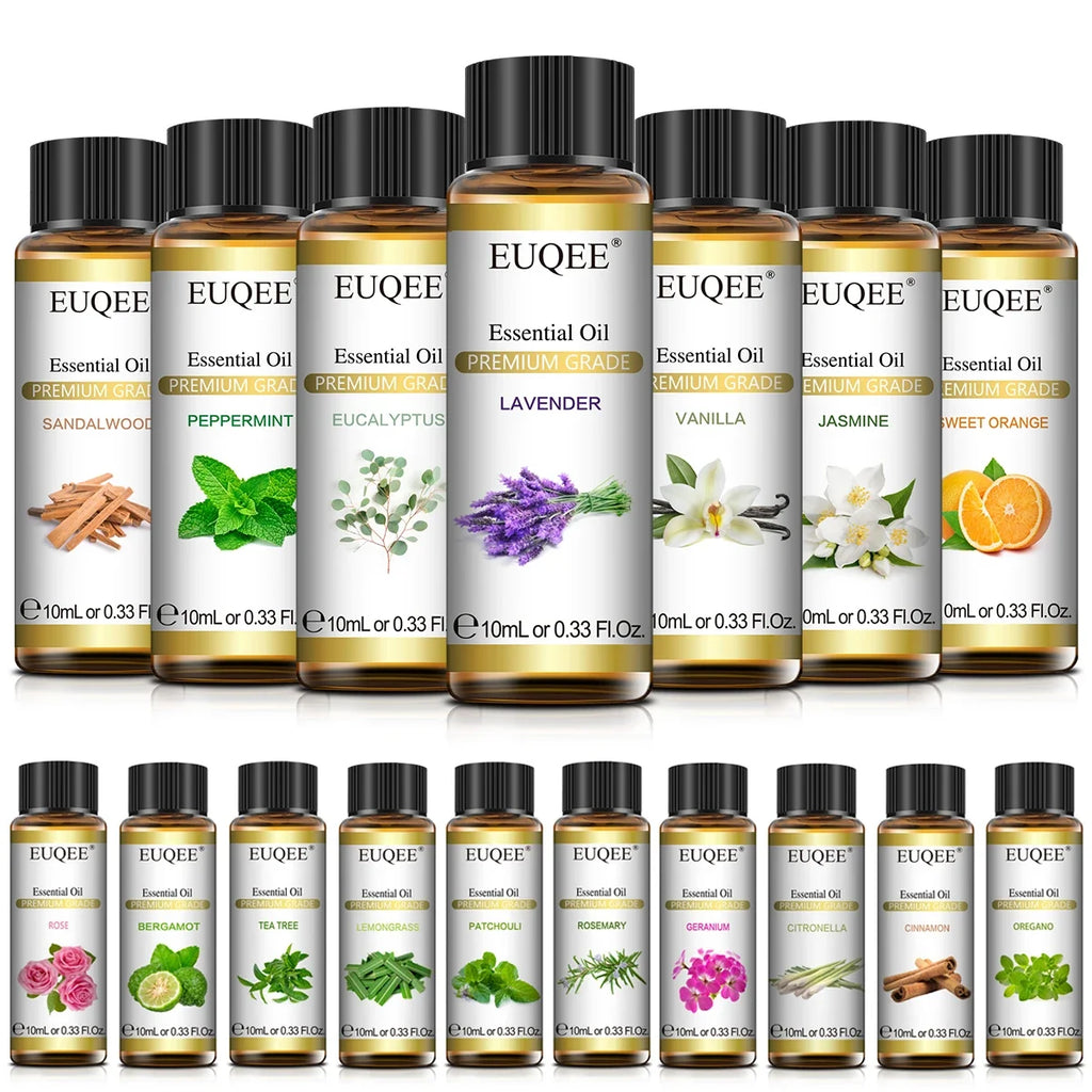 EUQEE 10ml Pure Natural Essential Oil Lavender Jasmine Eucalyptus Vanilla Sandalwood Sweet Orange Lemon Oregano Rose Fragrance