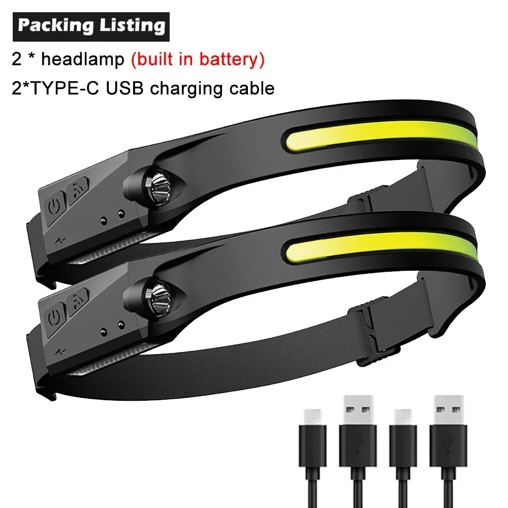 Induction Headlamps COB LED Sensor Head Lamp Built-in Battery Flashlight USB Rechargeable Head Torch 5 Lighting Modes Headlight