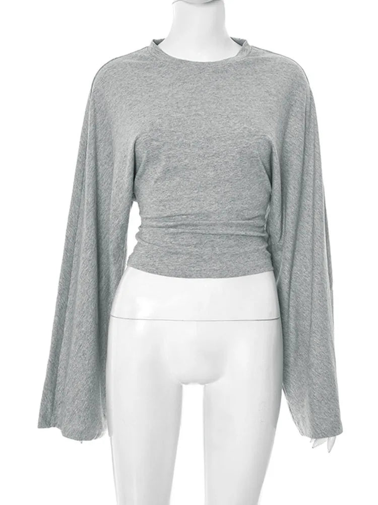 Women's Long Sleeve O-Neck Skinny T-Shirt Monochromatic Crop Top Casual Y2K Streetwear Fashion Pullover Summer Outfit