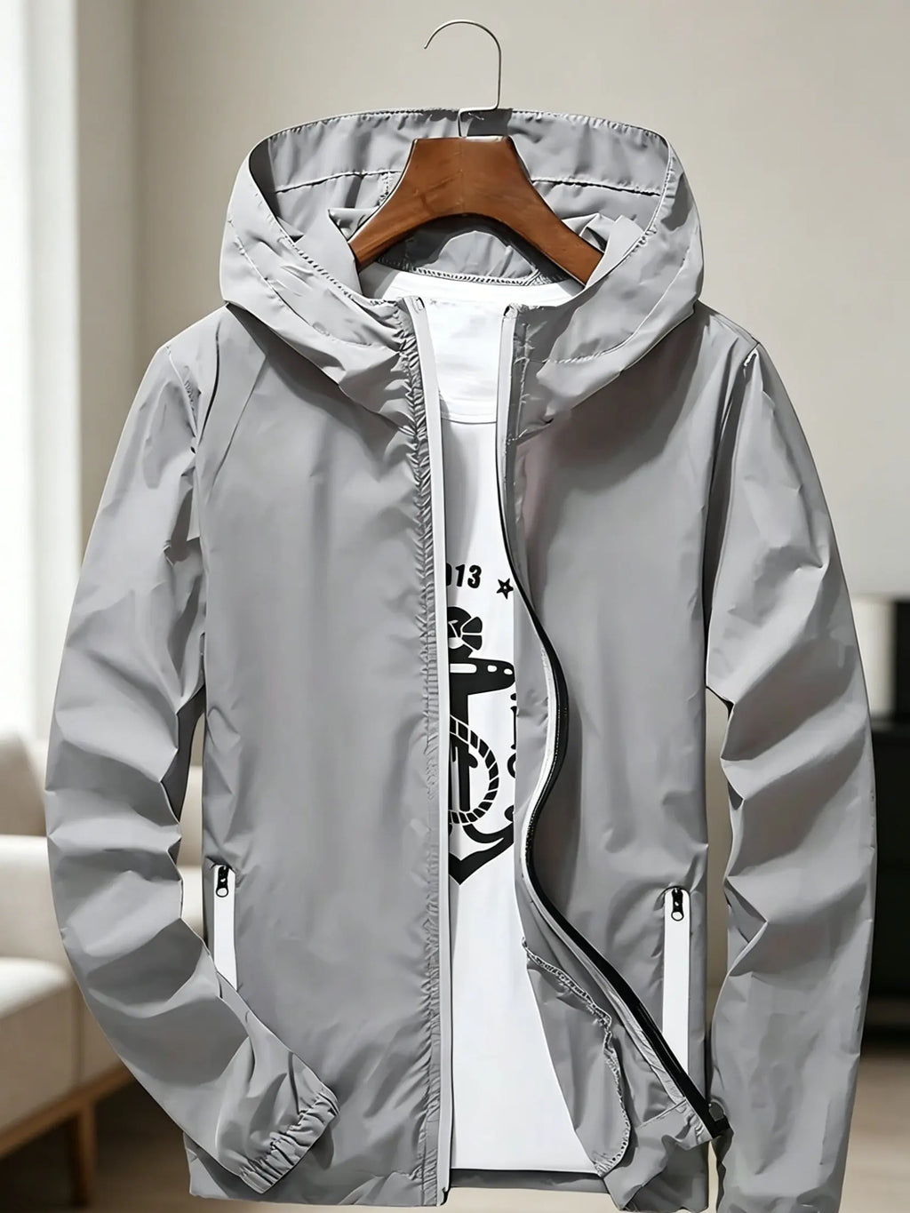 Men's Premium Lightweight Hooded Windbreaker, Quick-Dry Full-Zip Casual Jacket with Zipper Pockets for Street & Outdoor Wear