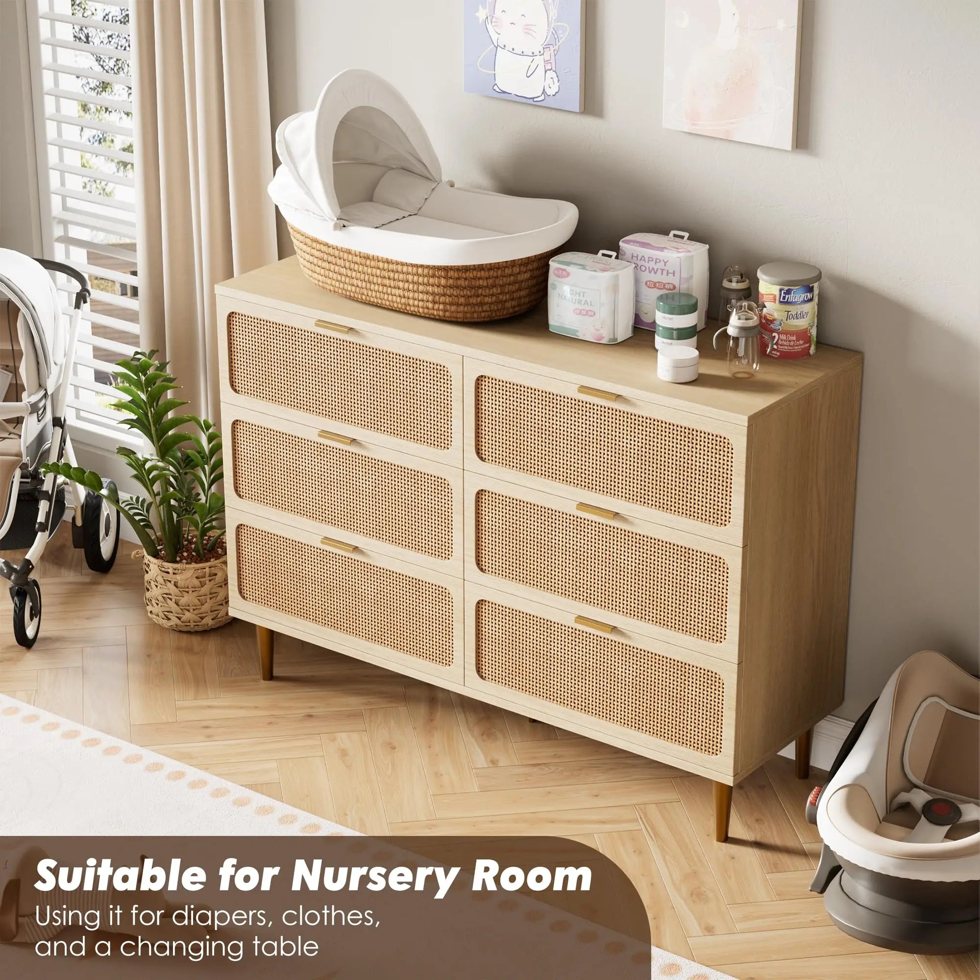 6-Drawer Rattan Dresser, Natural Hand-Woven Rattan & Wood Large Storage Dresser With Deep Drawers For Bedroom Living Room