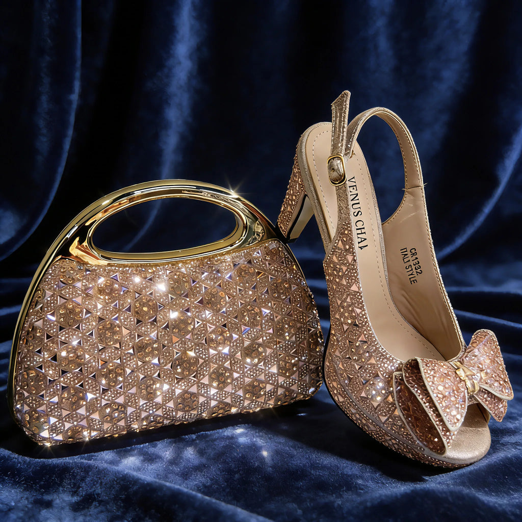 Elegant Italian Women’s Fuchsia Rhinestone Peep-Toe High Heel Sandals and Matching Bag Set – Perfect for Weddings and Parties