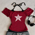 Women's Harajuku 2025 Summer Casual T-Shirt Y2K Retro Streetwear Halter Neck Print Fake Two-Piece Set Fashionable Street Style