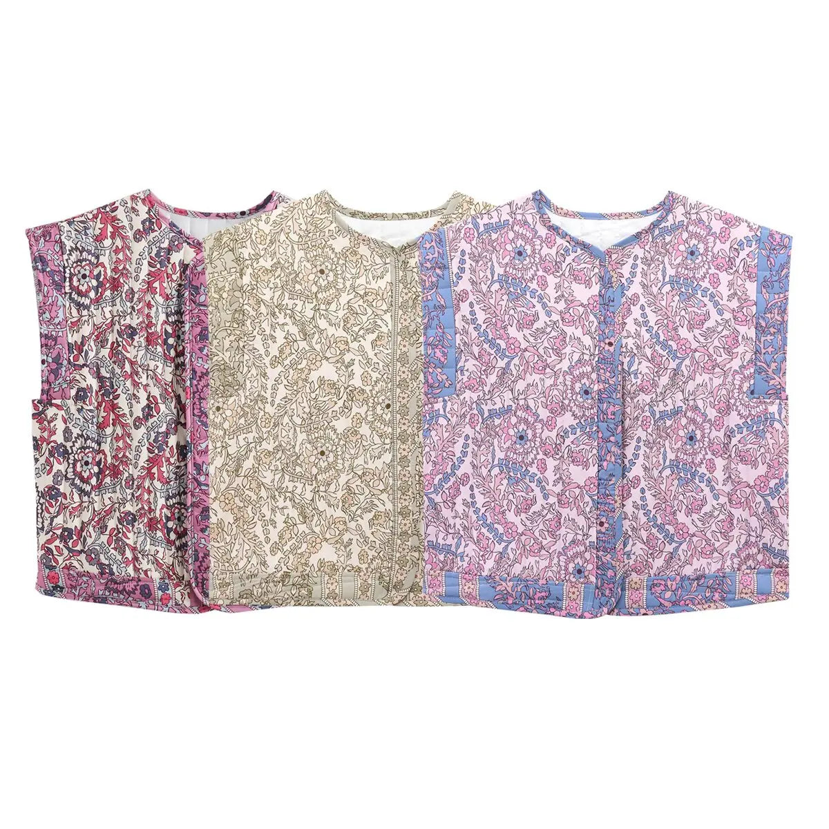 Zevity 2024 Women Vintage O Neck Patchwork Floral Print Quilted Cotton Vest Jacket Female Sleeveless Cotton WaistCoat Tops CT332