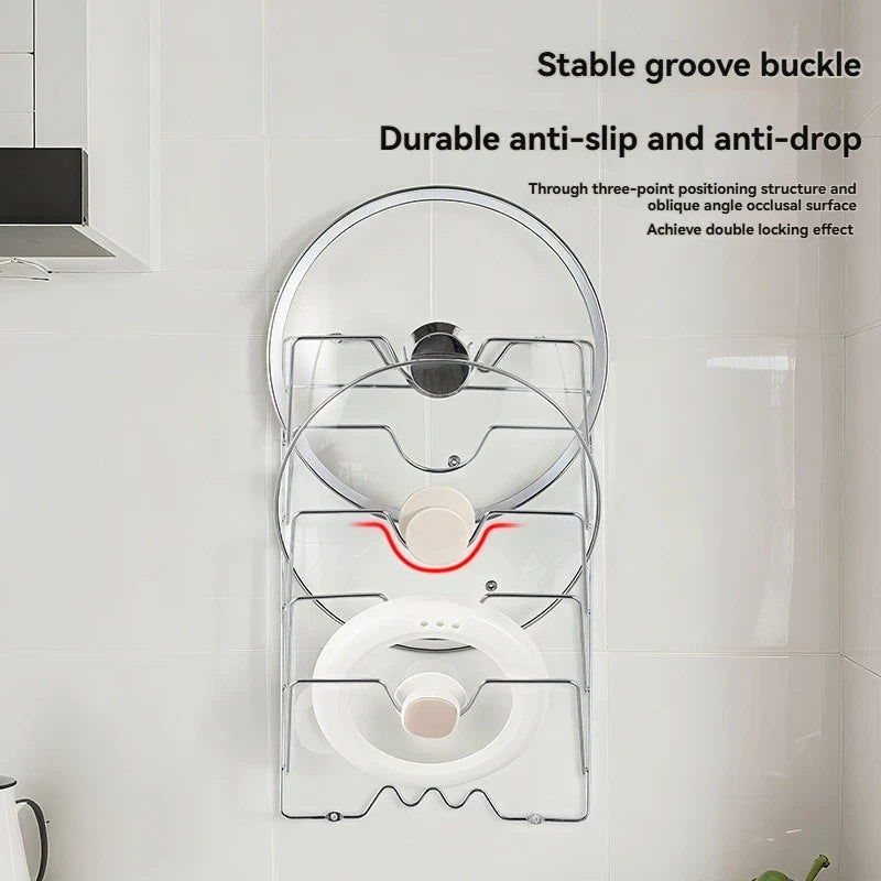Wall Mounted Pot Lid Rack Multi-Functional Kitchen Storage Holder Perforated 5 Layers for Household Use